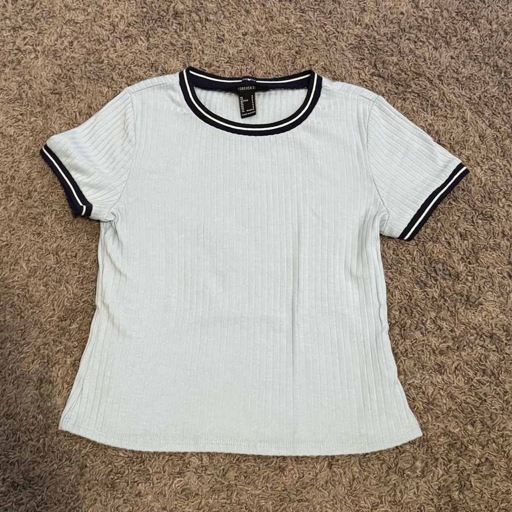 Forever 21 White Ribbed Tee with Black Trim